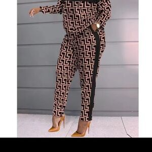 Geometric Patterned Black and Tan Jumpsuit